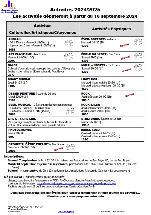Activités de l'ALPB de l'Amicale Laïque de Port-Boyer