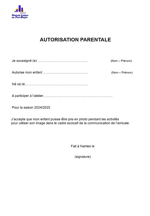 Autorisation parentale de l'Amicale Laïque de Port-Boyer