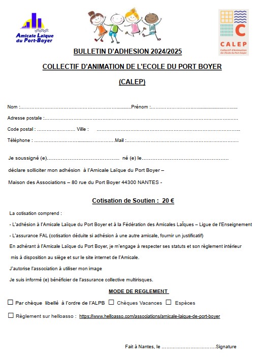 Bulletin d'inscription au Collectif d'Animation de l'Amicale Laïque de Port-Boyer