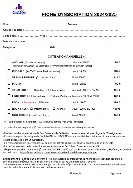 Bulletin d'inscription adulte de l'Amicale Laïque de Port-Boyer