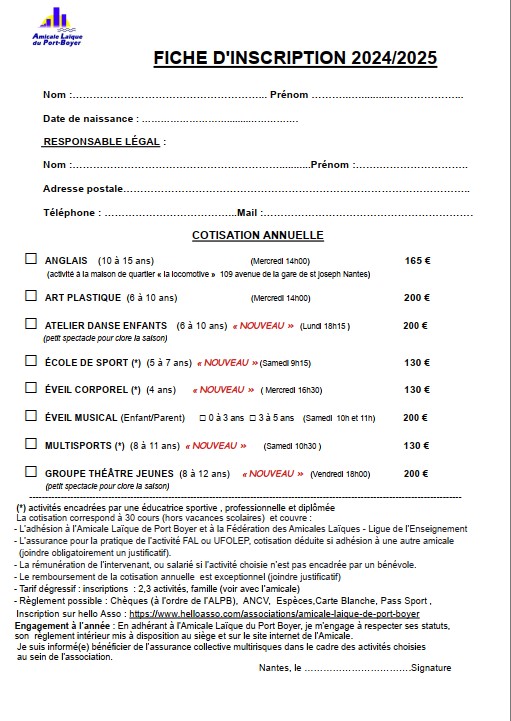 Bulletin d'inscription enfant de l'Amicale Laïque de Port-Boyer