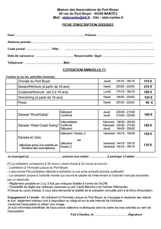 Bulletin d'inscription de l'Amicale Laïque de Port-Boyer