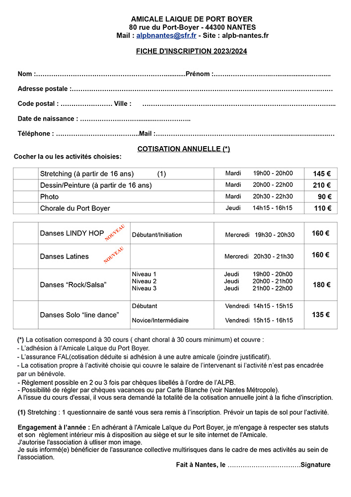 Bulletin d'inscription adulte de l'Amicale Laïque de Port-Boyer