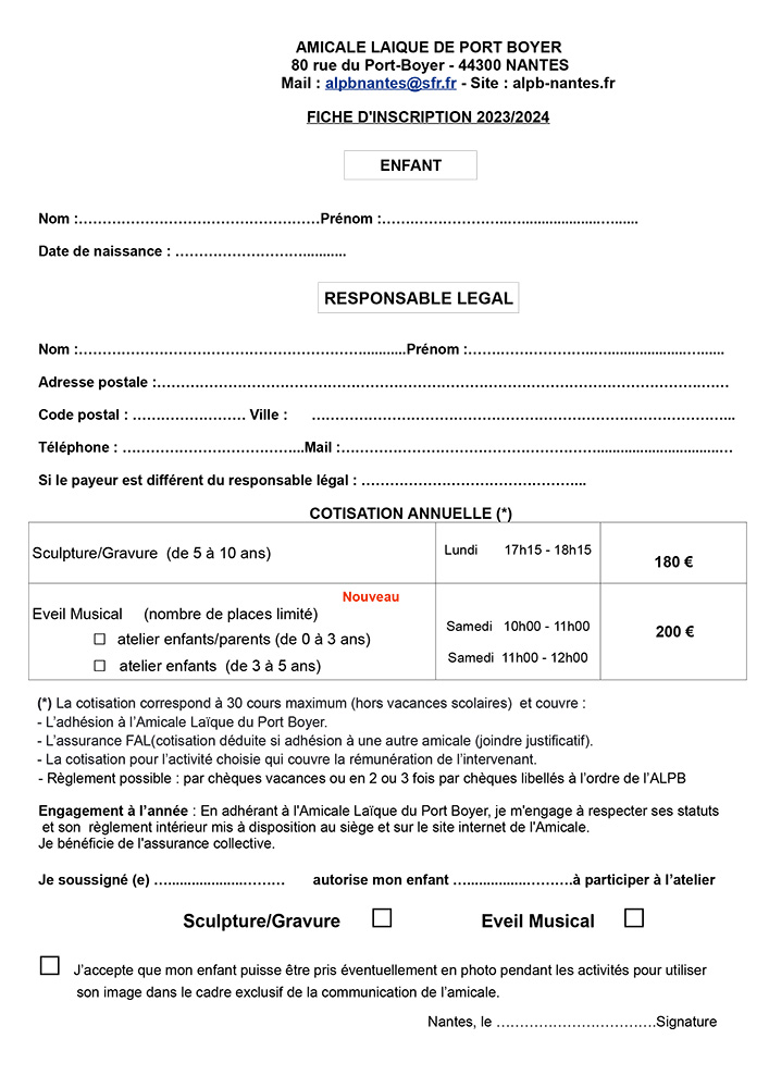 Bulletin d'inscription enfant de l'Amicale Laïque de Port-Boyer